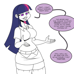 Size: 1500x1500 | Tagged: safe, artist:chillguydraws, twilight sparkle, human, g4, breasts, busty twilight sparkle, clothes, dialogue, female, humanized, miniskirt, simple background, skirt, socks, solo, speech bubble, thigh highs, thigh socks, white background