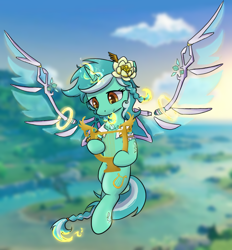 Size: 828x894 | Tagged: safe, artist:brella, lyra heartstrings, pony, unicorn, g4, clothes, cosplay, costume, female, flower, flower in hair, genshin impact, lyre, mare, musical instrument, solo, venti (genshin impact), wings