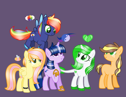 Size: 2128x1640 | Tagged: safe, artist:theanimeartistishere, artist:twilly-bases, oc, oc only, dracony, earth pony, hybrid, pegasus, pony, unicorn, base used, cloven hooves, colored wings, dracony oc, earth pony oc, flying, freckles, hoof shoes, horn, interspecies offspring, looking down, looking up, multicolored hair, next generation, offspring, parent:applejack, parent:big macintosh, parent:caramel, parent:flash sentry, parent:fluttershy, parent:rainbow dash, parent:rarity, parent:soarin', parent:spike, parent:twilight sparkle, parents:carajack, parents:flashlight, parents:fluttermac, parents:soarindash, parents:sparity, pegasus oc, purple background, rainbow hair, simple background, smiling, spiked wristband, unicorn oc, unshorn fetlocks, wings, wristband