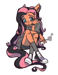 Size: 749x961 | Tagged: safe, artist:fluttershyes, fluttershy, pegasus, anthro, plantigrade anthro, g4, cigarette, converse, ear piercing, earring, emoshy, female, frown, hand on chin, jewelry, mare, piercing, shoes, simple background, sitting, sneakers, solo, transparent background