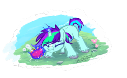 Size: 2581x1589 | Tagged: safe, artist:staceyld636, oc, oc:ultra violet, pony, unicorn, apple, eyes closed, female, filly, flower, foal, food, herbivore, levitation, magic, nose wrinkle, rock, scrunchy face, solo, sparkles, squint, telekinesis