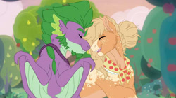 Size: 800x447 | Tagged: safe, artist:fidgetcubepony, applejack, spike, dragon, earth pony, pony, g4, adult, adult spike, clothes, female, granny smith's shawl, male, mare, needs more jpeg, nuzzling, older, older spike, scarf, screencap background, ship:applespike, shipping, story included, straight, winged spike, wings