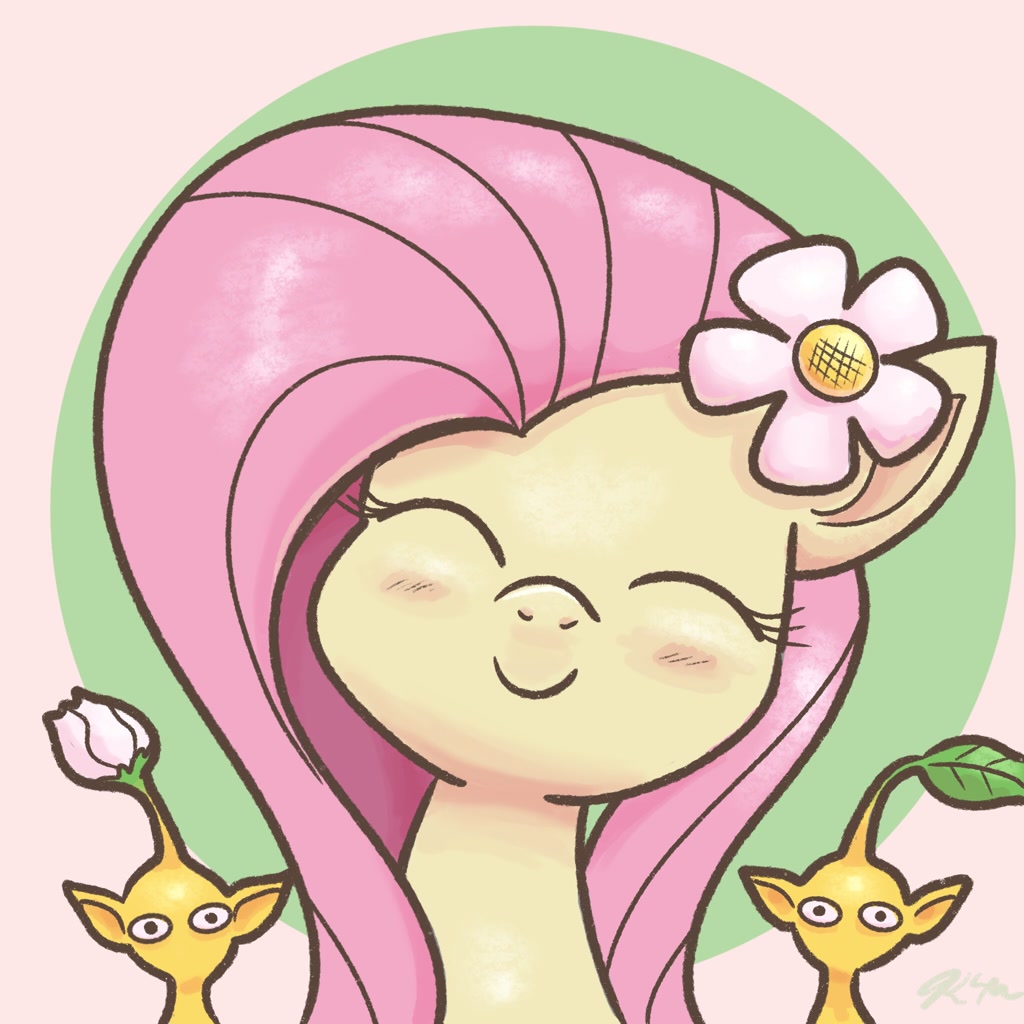 [blushing,bust,cute,eyes closed,female,flower,flower in hair,fluttershy,looking at you,mare,one of these things is not like the others,pegasus,pikmin,pony,safe,shyabetes,smiling,smiling at you,artist:catscratchpaper,yellow pikmin,pikmin (series)]