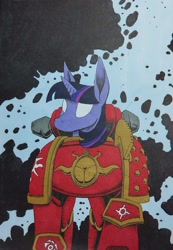 Size: 1836x2653 | Tagged: safe, artist:darkhestur, twilight sparkle, pony, unicorn, g4, abstract background, armor, chaos space marine, crossover, marker drawing, pony only, power armor, space marine, thousand sons, traditional art, unicorn twilight, warhammer (game), warhammer 40k, white eyes