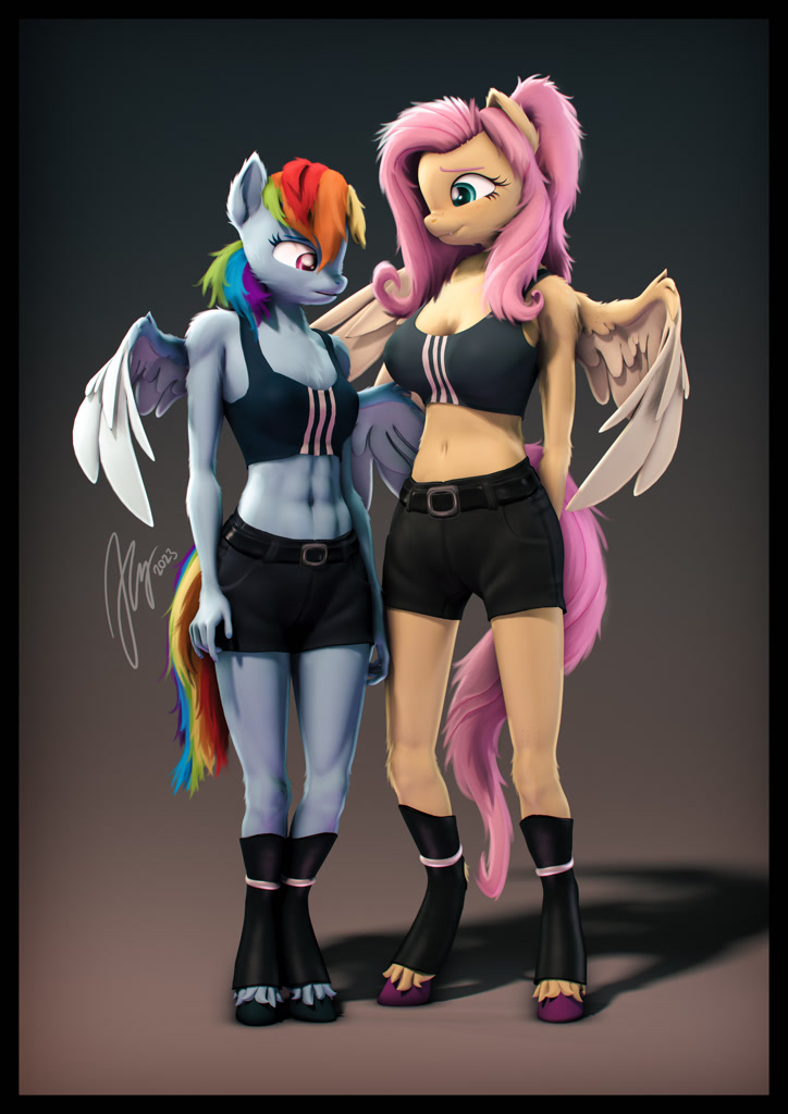 [abs,anthro,belly button,belt,boots,border,bra,breasts,chest fluff,cleavage,clothes,cute,delicious flat chest,duo,fangs,female,film grain,fluffy,flutterdash,fluttershy,freckles,fur,leather,lesbian,long hair,long mane,mare,meme,midriff,multicolored hair,nose wrinkle,open mouth,pants,pegasus,ponytail,rainbow dash,safe,shadow,shipping,shoes,shorts,signature,sports bra,tail,underwear,unshorn fetlocks,wings,height difference,long tail,cute little fangs,ear fluff,breast envy,shyabetes,hands behind back,crop top bra,colored eyelashes,chromatic aberration,colored eyebrows,two toned wings,shoulder freckles,adidas,smiling,unguligrade anthro,colored wings,cheek fluff,chin fluff,rainbow flat,vertical,fluffy tail,freckleshy,fluffy mane,artist:imafutureguitarhero,wall of tags,multicolored tail,neck fluff,leather boots,ear freckles,wing fluff,shoulder fluff,absurd resolution,fluffy hair,leg fluff,multicolored mane,hoof fluff,arm fluff,elbow fluff,leg freckles,revamped anthros,revamped ponies,cleavage fluff,breast size difference,partially open wings,medium support]