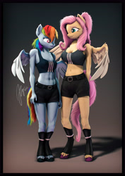 Size: 4000x5656 | Tagged: safe, artist:imafutureguitarhero, fluttershy, rainbow dash, pegasus, anthro, unguligrade anthro, g4, 3d, abs, absurd resolution, adidas, arm fluff, belly button, belt, boots, border, bra, breast envy, breast size difference, breasts, cheek fluff, chest fluff, chin fluff, chromatic aberration, cleavage, cleavage fluff, clothes, colored eyebrows, colored eyelashes, colored wings, crop top bra, cute, cute little fangs, delicious flat chest, duo, ear fluff, ear freckles, elbow fluff, fangs, female, film grain, fluffy, fluffy hair, fluffy mane, fluffy tail, freckles, freckleshy, fur, hands behind back, height difference, hoof fluff, leather, leather boots, leg fluff, leg freckles, long hair, long mane, long tail, looking at breasts, mare, medium support, meme, midriff, multicolored hair, multicolored mane, multicolored tail, neck fluff, nose wrinkle, open mouth, pants, partially open wings, ponytail, rainbow flat, revamped anthros, revamped ponies, shadow, ship:flutterdash, shipping, shoes, shorts, shoulder fluff, shoulder freckles, shyabetes, signature, smiling, sports bra, tail, two toned wings, underwear, unshorn fetlocks, vertical, wall of tags, wing fluff, wings
