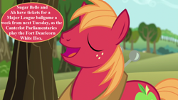 Size: 1280x720 | Tagged: safe, edit, edited screencap, editor:korora, screencap, big macintosh, earth pony, pony, g4, baseball, cute, horse collar, implied sugar belle, macabetes, male, solo, speech, speech bubble, sports, stallion, sweet apple acres, talking, tree