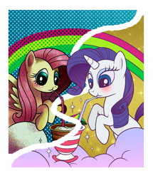 Size: 1271x1476 | Tagged: safe, artist:fofurastro, artist:marhafka, fluttershy, rainbow dash, pegasus, pony, unicorn, g4, blushing, collaboration, drink, drinking, drinking straw, duo, female, mare, rainbow