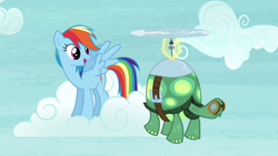 Size: 1280x720 | Tagged: safe, screencap, rainbow dash, tank, pegasus, pony, tortoise, g4, tanks for the memories, cloud, duo, eyes closed, goggles, looking at someone, open mouth, open smile, smiling, spread wings, wings