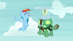 Size: 1280x720 | Tagged: safe, screencap, rainbow dash, tank, pegasus, pony, tortoise, g4, tanks for the memories, cloud, duo, eyes closed, folded wings, goggles, open mouth, open smile, sitting, smiling, wings