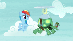 Size: 1280x720 | Tagged: safe, screencap, rainbow dash, tank, pegasus, pony, tortoise, g4, tanks for the memories, cloud, duo, folded wings, goggles, looking at someone, sitting, wings
