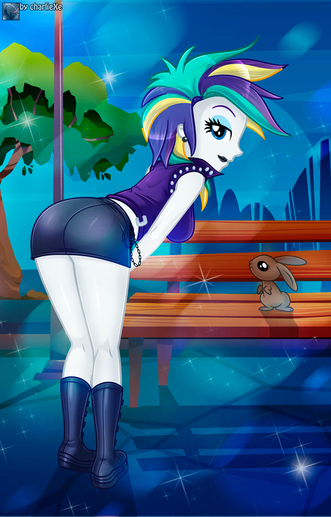 [alternate hairstyle,animal,ass,bench,breasts,butt,equestria girls,female,human,lipstick,looking at you,looking back,punk,rabbit,rarity,safe,solo,tree,black lipstick,looking back at you,artist:charliexe,busty rarity,raripunk]