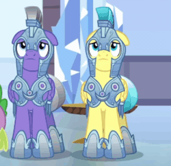 Size: 447x435 | Tagged: safe, screencap, amethyst stone, radiant gold, spike, crystal pony, dragon, pony, g4, the times they are a changeling, animated, armor, cropped, crystal guard, crystal guard armor, duo focus, floppy ears, male, nope, offscreen character, stallion