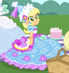 Size: 222x235 | Tagged: safe, artist:sapphiregamgee, applejack, human, equestria girls, g4, applejack also dresses in style, basket, beautiful, bow, cake, cinderella, clothes, dress, ear piercing, flower, flower in hair, food, froufrou glittery lacy outfit, gloves, gown, happy, hat, hennin, picnic, picnic basket, picnic blanket, piercing, pretty, princess, princess applejack, princess costume, puffy sleeves, smiling