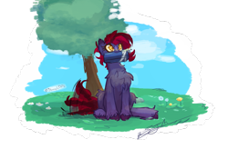 Size: 4439x3113 | Tagged: safe, artist:staceyld636, oc, oc only, oc:mela rite, earth pony, pony, chest fluff, ear fluff, ear piercing, earth pony oc, eyebrow piercing, eyebrows, flower, grass, grass field, looking up, nom, piercing, present, shading, sky, solo, tail, tail wag, tree