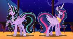 Size: 3480x1888 | Tagged: safe, artist:alinamandarina, artist:lunerymish, twilight sparkle, oc, oc:twivine sparkle, alicorn, pony, g4, alternate universe, base used, duo, duo female, female, jewelry, older, older twilight, regalia, siblings, sisters, twilight sparkle (alicorn)