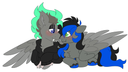 Size: 7939x4479 | Tagged: safe, artist:crazysketch101, oc, oc only, oc:tweety birb, oc:wilson "bug", pegasus, pony, blushing, clothes, couple, eyeshadow, fangs, hoodie, makeup, shipping, simple background, snuggling, transparent background