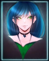 Size: 1080x1350 | Tagged: safe, artist:hunii_lotus, queen chrysalis, oc, oc:chrystina, human, g4, breasts, bust, choker, cleavage, eye clipping through hair, female, floof'n'friends, humanized, looking offscreen, smiling, solo