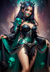 Size: 2847x4095 | Tagged: safe, ai assisted, ai content, artist:denton13, queen chrysalis, human, g4, breasts, busty queen chrysalis, female, high res, humanized, skull, solo