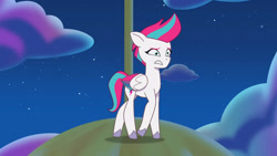Size: 3072x1727 | Tagged: safe, screencap, zipp storm, pegasus, pony, g5, moon festival, my little pony: tell your tale, spoiler:g5, spoiler:my little pony: tell your tale, spoiler:tyts01e59, colored wings, concave belly, eyebrows, female, folded wings, frown, mare, multicolored wings, night, outdoors, quadrupedal, raised eyebrow, slender, solo, standing, teeth, thin, wings, worried