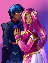 Size: 1536x2048 | Tagged: safe, artist:artsbysmarty, princess cadance, shining armor, human, g4, clothes, cosplay, costume, duo, female, gradient background, hand on chest, hand on waist, humanized, male, moderate dark skin, prince lotor, princess allura, ship:shiningcadance, shipping, straight, tan skin, voltron, voltron legendary defender
