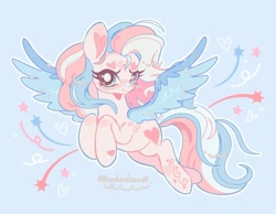 Size: 1080x839 | Tagged: safe, artist:bunbunbewwii, star catcher, pegasus, pony, g3, bandaid, bandaid on nose, blue background, blue eyes, blushing, colored wings, female, flying, heart, heart eyebrows, light blue background, looking at you, mare, pride, pride flag, shaped eyebrows, simple background, smiling, solo, sparkly wings, spread wings, stars, transgender pride flag, turned head, wings