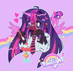 Size: 1080x1050 | Tagged: safe, artist:bunbunbewwii, twilight sparkle, alicorn, human, pony, g4, :p, bandaid, bandaid on nose, dark skin, ear piercing, earring, food, heart, heart eyes, horn, horned humanization, humanized, ice cream, jewelry, looking at you, necktie, nonbinary, nonbinary pride flag, piercing, pride, pride flag, tongue out, twilight sparkle (alicorn), wingding eyes, winged humanization, wings