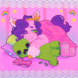 Size: 1440x1440 | Tagged: safe, artist:ariariari.png, pipp petals, pegasus, pony, g5, adorapipp, blanket, controller, creeper, creeper (minecraft), cute, drink, energy drink, female, gamer pipp, lidded eyes, mare, minecraft, monster energy, plushie, sleepy, smiling, solo, xbox 360 controller, xbox controller