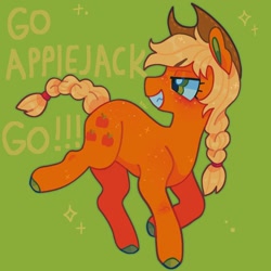 Size: 1440x1440 | Tagged: safe, artist:ariariari.png, applejack, earth pony, pony, g4, alternate hairstyle, alternate versions at source, braid, braided ponytail, braided tail, green background, ponytail, simple background, solo, tail