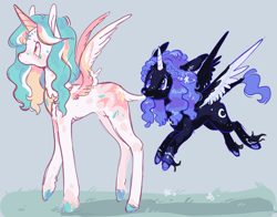 Size: 2048x1606 | Tagged: safe, artist:squilko, princess celestia, princess luna, alicorn, pony, g4, alternate design, blue background, braid, circlet, colored hooves, colored horn, colored wings, colored wingtips, duo, female, filly, flying, foal, horn, jewelry, leonine tail, mare, necklace, peytral, redesign, siblings, simple background, sisters, spread wings, tail, unshorn fetlocks, walking, wings