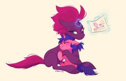 Size: 2624x1688 | Tagged: safe, artist:imalou, fizzlepop berrytwist, tempest shadow, oc, pony, unicorn, g4, broken horn, commission, doodle, eyes closed, female, filly, floppy ears, foal, horn, hug, levitation, magic, mama tempest, mare, simple background, smiling, telekinesis, yellow background