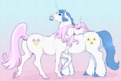 Size: 3300x2200 | Tagged: safe, artist:huskii-s, fancypants, fleur-de-lis, pony, unicorn, g4, butt, colored hooves, facial hair, female, fetlock tuft, goatee, gradient background, high res, hoers, male, mare, plot, realistic anatomy, realistic horse legs, ship:fancyfleur, shipping, stallion, straight, unshorn fetlocks