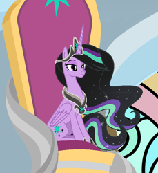 Size: 570x621 | Tagged: safe, artist:alinamandarina, artist:lunerymish, oc, oc only, oc:twivine sparkle, alicorn, pony, base used, canterlot castle, canterlot castle interior, concave belly, crown, ethereal mane, ethereal tail, female, hoof shoes, horn, indoors, jewelry, long horn, long mane, long tail, mare, peytral, princess shoes, regalia, sitting, slender, solo, starry mane, starry tail, tail, tall, thin, throne