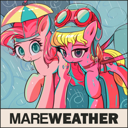 Size: 2048x2048 | Tagged: safe, artist:vultraz, cherry berry, pinkie pie, earth pony, pony, g4, album cover, aviator goggles, aviator hat, female, goggles, hat, high res, looking at you, mare, rain, text, umbrella hat