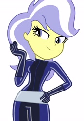 Size: 2842x4096 | Tagged: safe, artist:skyfallfrost, upper crust, human, equestria girls, g4, bodysuit, breasts, busty upper crust, catsuit, clothes, female, latex, latex suit, simple background, solo, totally spies, white background