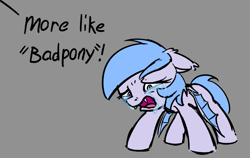 Size: 787x498 | Tagged: safe, artist:wenni, oc, oc only, oc:lucky roll, bat pony, pony, bat pony oc, crying, dialogue, frown, gray background, insult, offscreen bully, offscreen character, open mouth, sad, simple background, solo