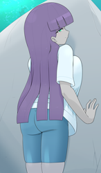 Size: 1668x2853 | Tagged: safe, artist:batipin, maud pie, human, equestria girls, g4, against wall, ass, big breasts, bike shorts, boulder buns, breast squish, breasts, busty maud pie, butt, clothes, compression shorts, female, looking back, solo