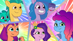 Size: 3072x1727 | Tagged: safe, screencap, hitch trailblazer, izzy moonbow, misty brightdawn, pipp petals, sparky sparkeroni, sunny starscout, zipp storm, dragon, earth pony, pegasus, pony, unicorn, g5, moon festival, my little pony: tell your tale, spoiler:g5, spoiler:my little pony: tell your tale, spoiler:tyts01e59, baby, baby dragon, eyebrows, female, grin, male, mane five, mane six (g5), mare, open mouth, open smile, raised eyebrow, rebirth misty, smiling, stallion