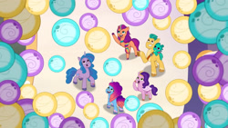 Size: 3072x1727 | Tagged: safe, screencap, hitch trailblazer, izzy moonbow, misty brightdawn, pipp petals, sparky sparkeroni, sunny starscout, dragon, earth pony, pegasus, pony, unicorn, g5, moon festival, my little pony: tell your tale, spoiler:g5, spoiler:my little pony: tell your tale, spoiler:tyts01e59, :o, baby, baby dragon, female, grin, male, mare, open mouth, open smile, rebirth misty, smiling, stallion