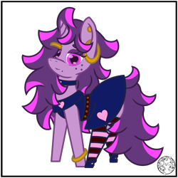 Size: 2000x2000 | Tagged: safe, artist:dice-warwick, oc, oc only, oc:fizzy fusion pop, pony, unicorn, bag, beauty mark, choker, clothes, ear piercing, earring, female, freckles, heart, heart eyes, high res, highlights, jewelry, long mane, long tail, mare, messy mane, piercing, pink dress, saddle bag, simple background, socks, solo, stockings, striped socks, tail, thigh highs, transparent background, wingding eyes