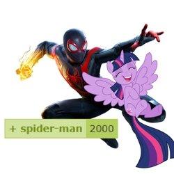 Size: 1080x1080 | Tagged: safe, twilight sparkle, alicorn, pony, derpibooru, g4, happy, marvel, meta, miles morales, photo, spider-man, twilight sparkle (alicorn)