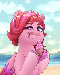 Size: 2400x3000 | Tagged: safe, artist:rivin177, windy, pegasus, pony, g5, beach, bust, cloud, cream, food, high res, hill, holding, hooves, horizon, ice cream, ocean, portrait, raised hoof, sand, sky, sparkles, tongue out, water, ych example, your character here