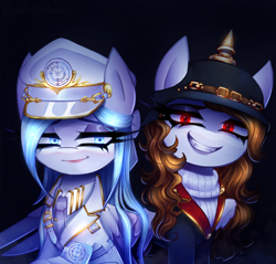 Size: 2850x2719 | Tagged: safe, artist:opal_radiance, oc, oc only, oc:melancholy, oc:opal rosamond, pegasus, pony, cap, clothes, curly mane, female, folded wings, gradient background, grin, hat, helmet, high res, lipstick, looking at you, mare, pegasus oc, smiling, smiling at you, solo, uniform, white, wings, world war i