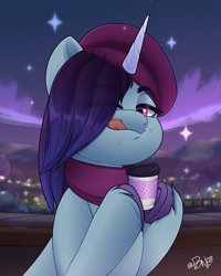 Size: 2400x3000 | Tagged: safe, artist:rivin177, onyx, pony, unicorn, g5, beach, beret, bust, clothes, cloud, coffee, coffee cup, commission, cup, fence, hat, high res, hill, holding, hooves, horizon, horn, night, portrait, raised hoof, scarf, scenery, sky, sparkles, tongue out, ych example, your character here