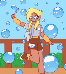 Size: 712x792 | Tagged: safe, artist:littleowo, derpy hooves, human, g4, alternate hairstyle, arm warmers, belt, boots, bubble, bubble wand, clothes, converse, cute, derpabetes, female, fence, grass, grin, humanized, shirt, shoes, shorts, smiling, socks, solo, suspenders, t-shirt, winged humanization, wings