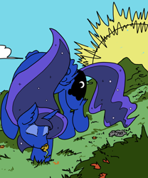 Size: 2094x2516 | Tagged: safe, artist:ponny, princess luna, alicorn, pony, g4, colored, cute, eyes closed, flower, high res, lunabetes, nature, smelling, sniffing, solo