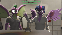 Size: 1920x1080 | Tagged: safe, artist:papadragon69, spike, twilight sparkle, alicorn, dragon, anthro, g4, 3d, ash, clothes, erlenmeyer flask, explosion, fail, flask, lab coat, older, older spike, source filmmaker, test tube, twilight sparkle (alicorn), winged spike, wings