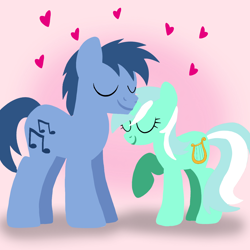 Size: 1400x1400 | Tagged: safe, artist:mlplary6, blues, lyra heartstrings, noteworthy, earth pony, pony, unicorn, g4, boyfriend and girlfriend, cute, daaaaaaaaaaaw, eyes closed, female, heart, love, lyrabetes, male, mare, noteabetes, ship:lyraworthy, shipping, smiling, stallion, straight