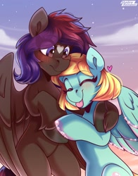 Size: 1650x2100 | Tagged: safe, artist:shadowreindeer, oc, oc only, oc:bubble becky, oc:shaded star, pegasus, pony, blushing, cloud, commission, eye clipping through hair, eyebrows, eyebrows visible through hair, eyes closed, hug, looking at someone, sky, smiling, tongue out, wings, ych result