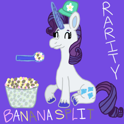 Size: 1500x1500 | Tagged: safe, artist:mintwhistle, rarity, pony, unicorn, g4, g5, bowl, bucket hat, colored hooves, cute, dippin' dots, eating, eyes closed, female, food, g4 to g5, generation leap, glowing, glowing horn, hat, herbivore, horn, ice cream, magic, mare, purple background, raised hoof, raribetes, rarity day, simple background, sitting, smiling, solo, spoon, telekinesis, unshorn fetlocks